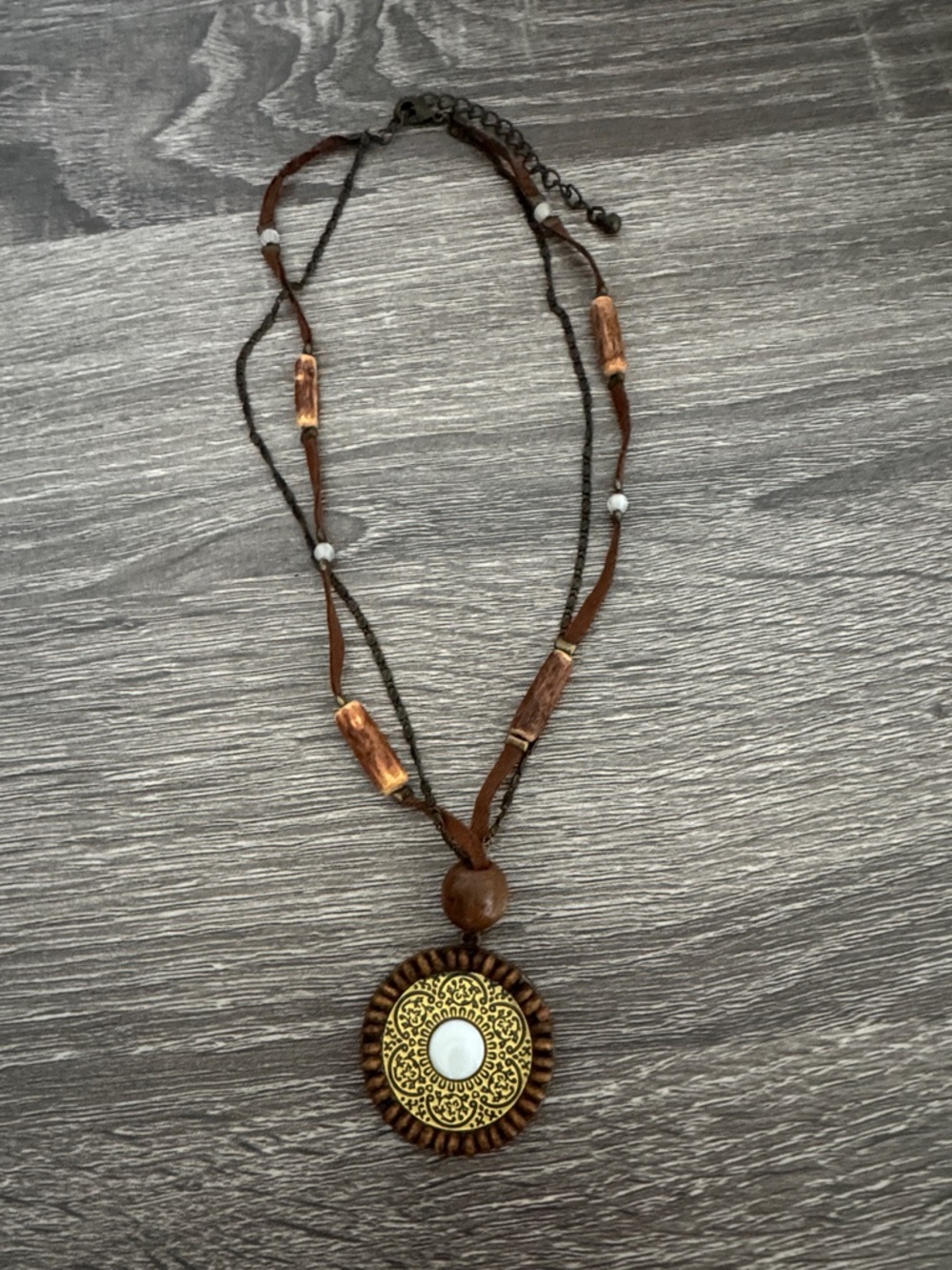 Avon Brown and Gold Boho Pendant Necklace with Cream Accent